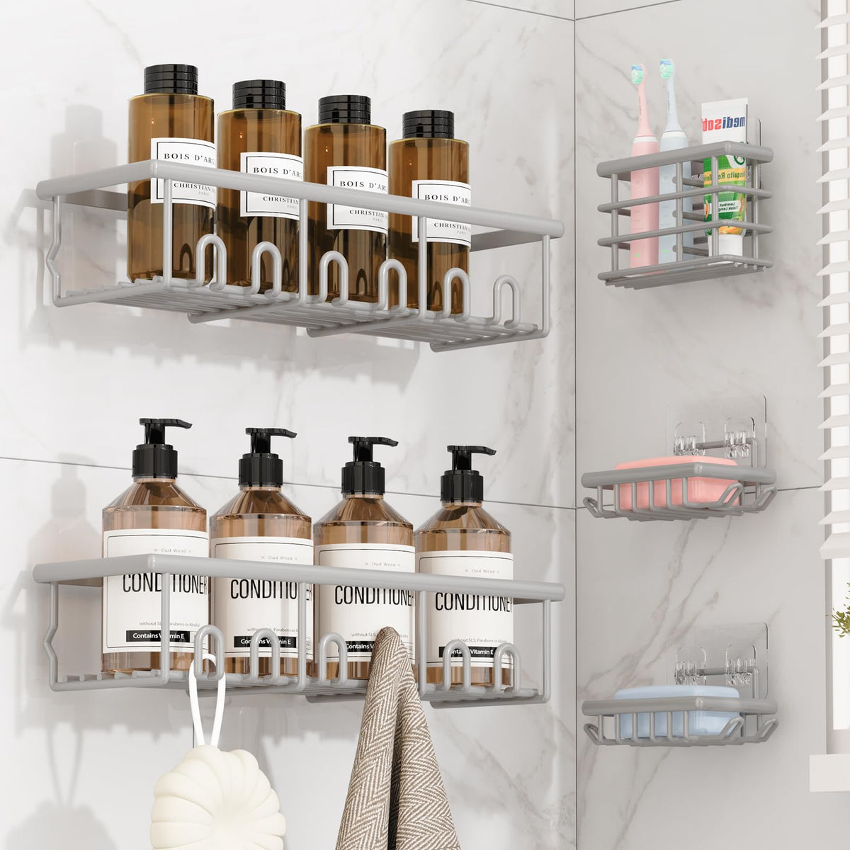 8 Pack Adhesive Bathroom Holders & Dispensers for Kids & Adults, Black