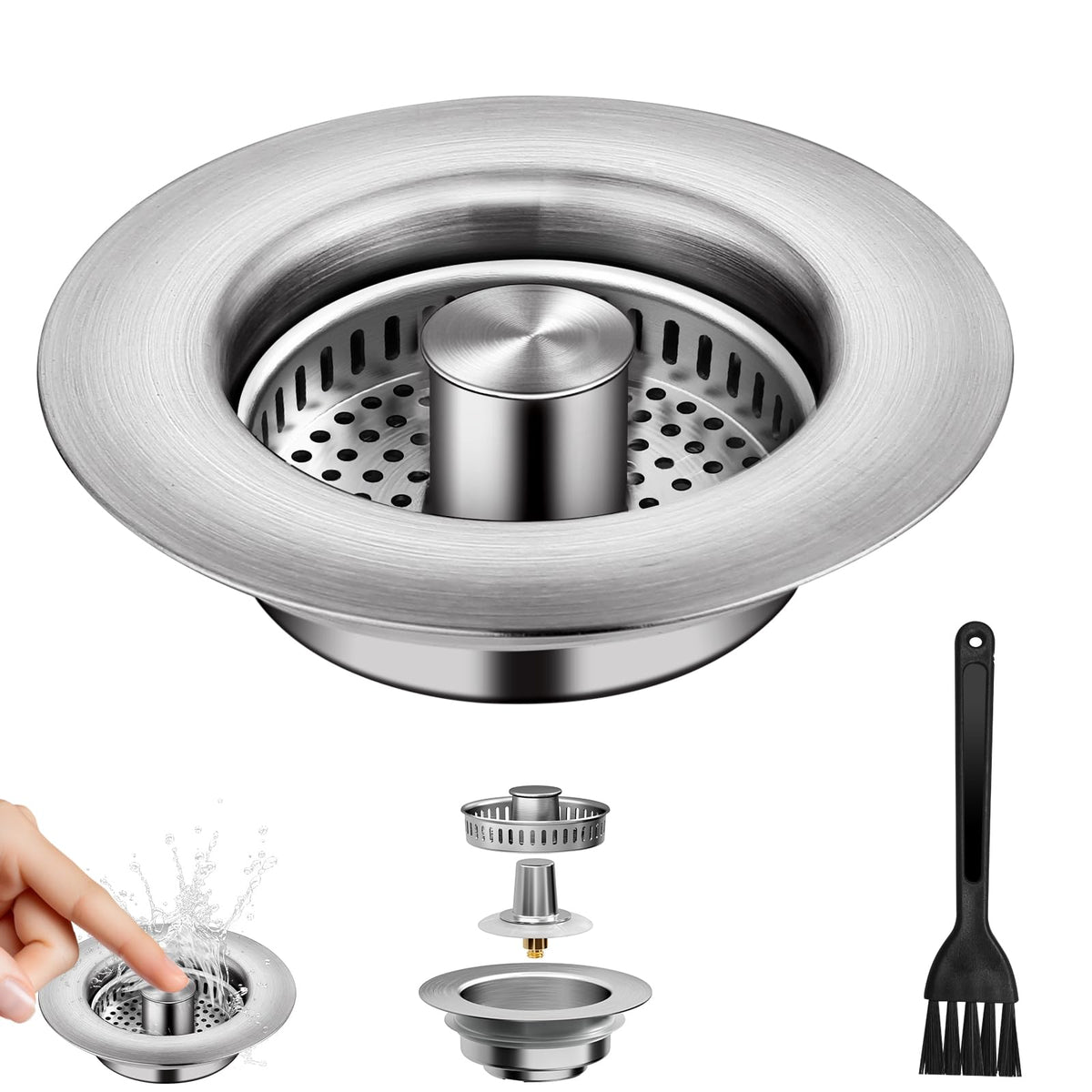 3-in-1 Kitchen Sink Drain Strainer - Pop Up Sink Stopper, Stainless Steel Sink Drain Strainer, Kitchen Sink Stopper & Drain Plug with Anti-Clogging Basket,Sink Strainer Fits US Standard 3-1/2'' Drains