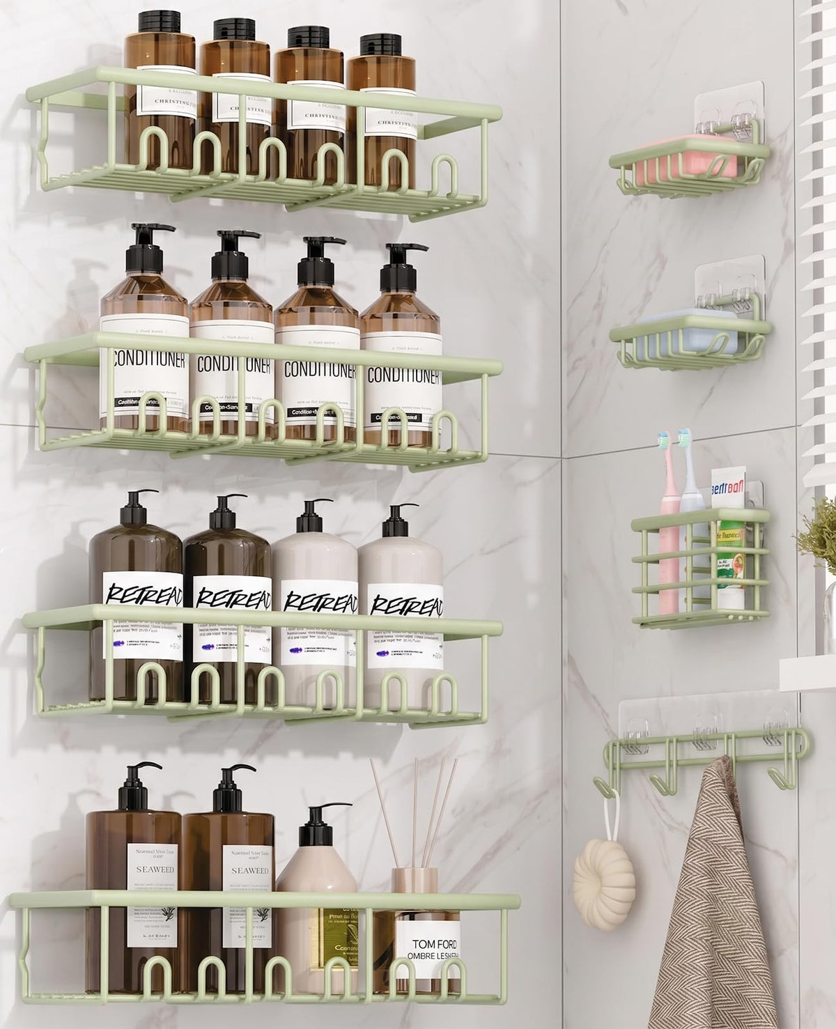 8 Pack Adhesive Bathroom Holders & Dispensers for Kids & Adults, Black