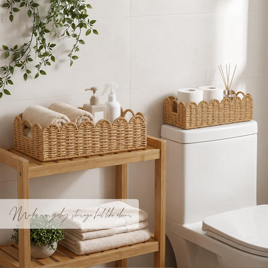 Scalloped Toilet Paper Storage Baskets with Handles, Set of 2