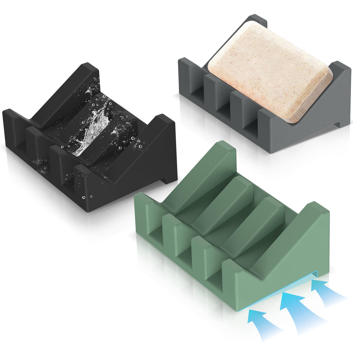 Silicone Soap Dish,3PCS Self Draining Bar Soap Holder,Dark Gray