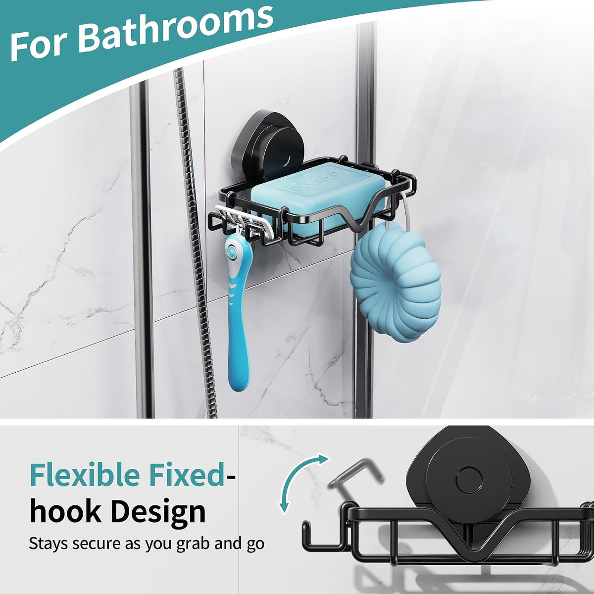 Soap Dish Suction Cup with Hooks, Rustproof No Drill Removable & Reusable for Shower Wall, Bathroom