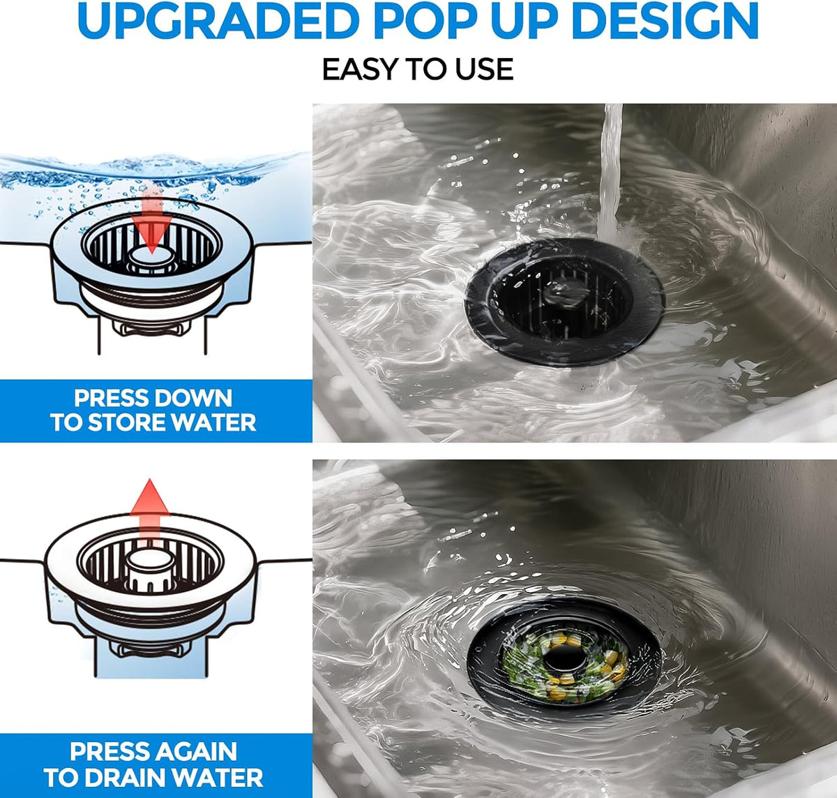 zaa 3 in 1 Kitchen Sink Drain Strainer Stopper Removable Basket Pop-Up