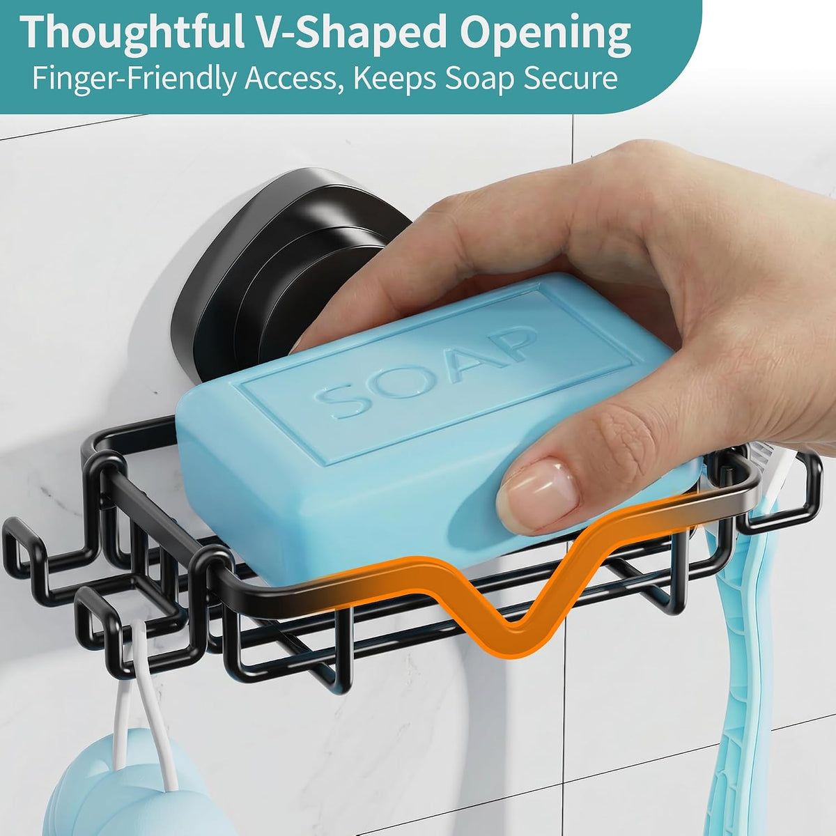 Soap Dish Suction Cup with Hooks, Rustproof No Drill Removable & Reusable for Shower Wall, Bathroom