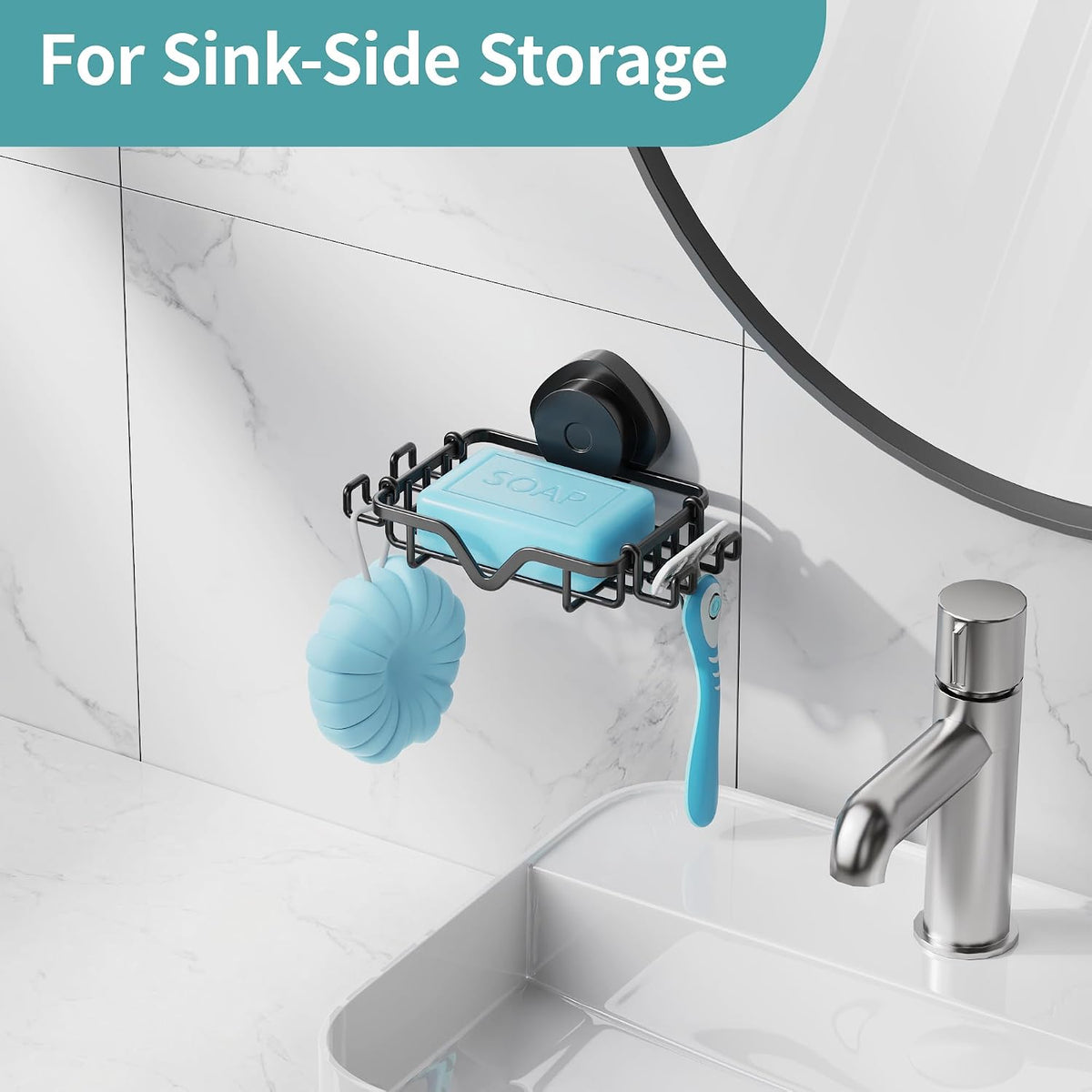 Soap Dish Suction Cup with Hooks, Rustproof No Drill Removable & Reusable for Shower Wall, Bathroom