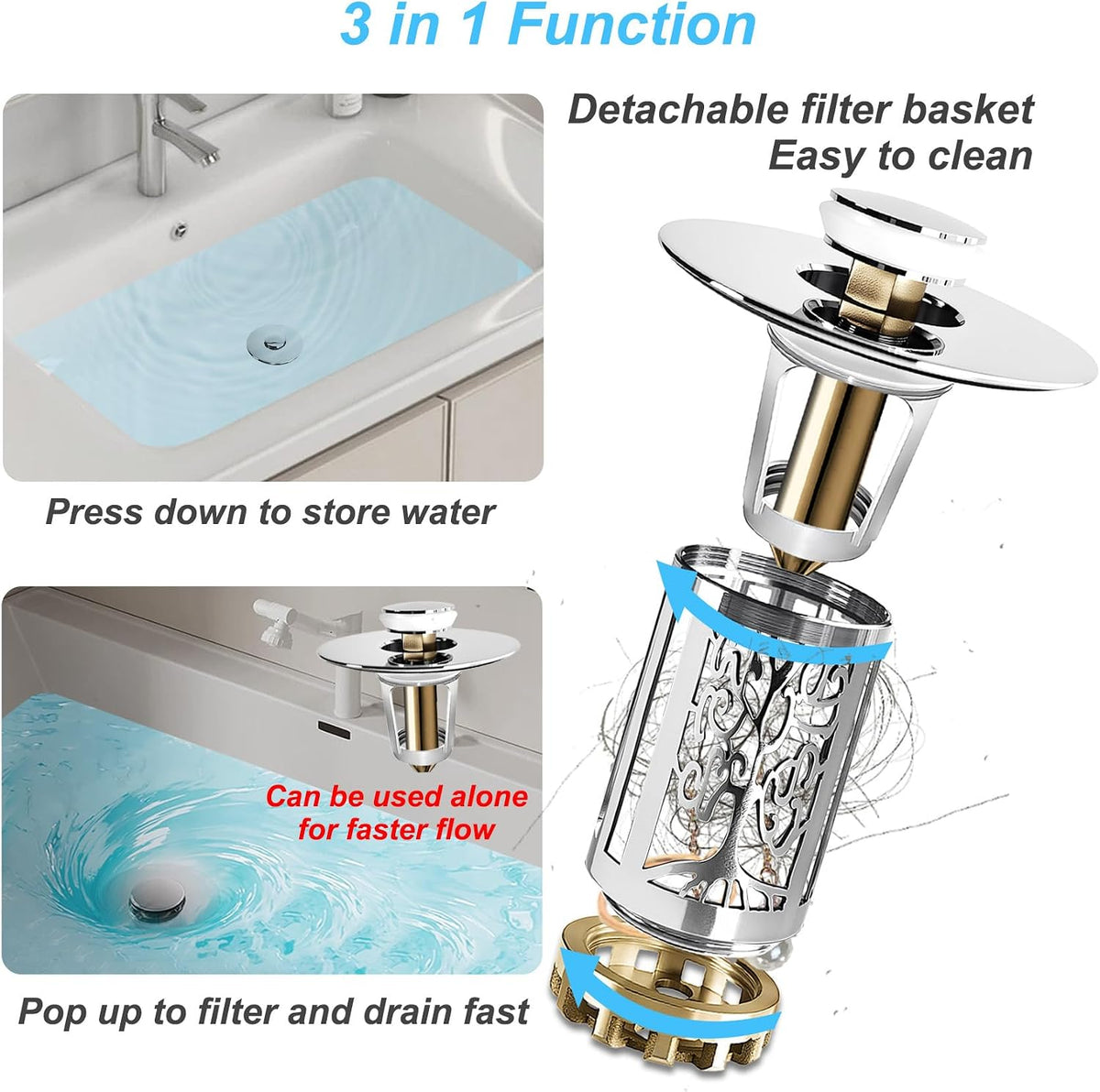 BAOLSLS Bathroom Sink Drain Strainer with Pop Up Removable Hair Catcher
