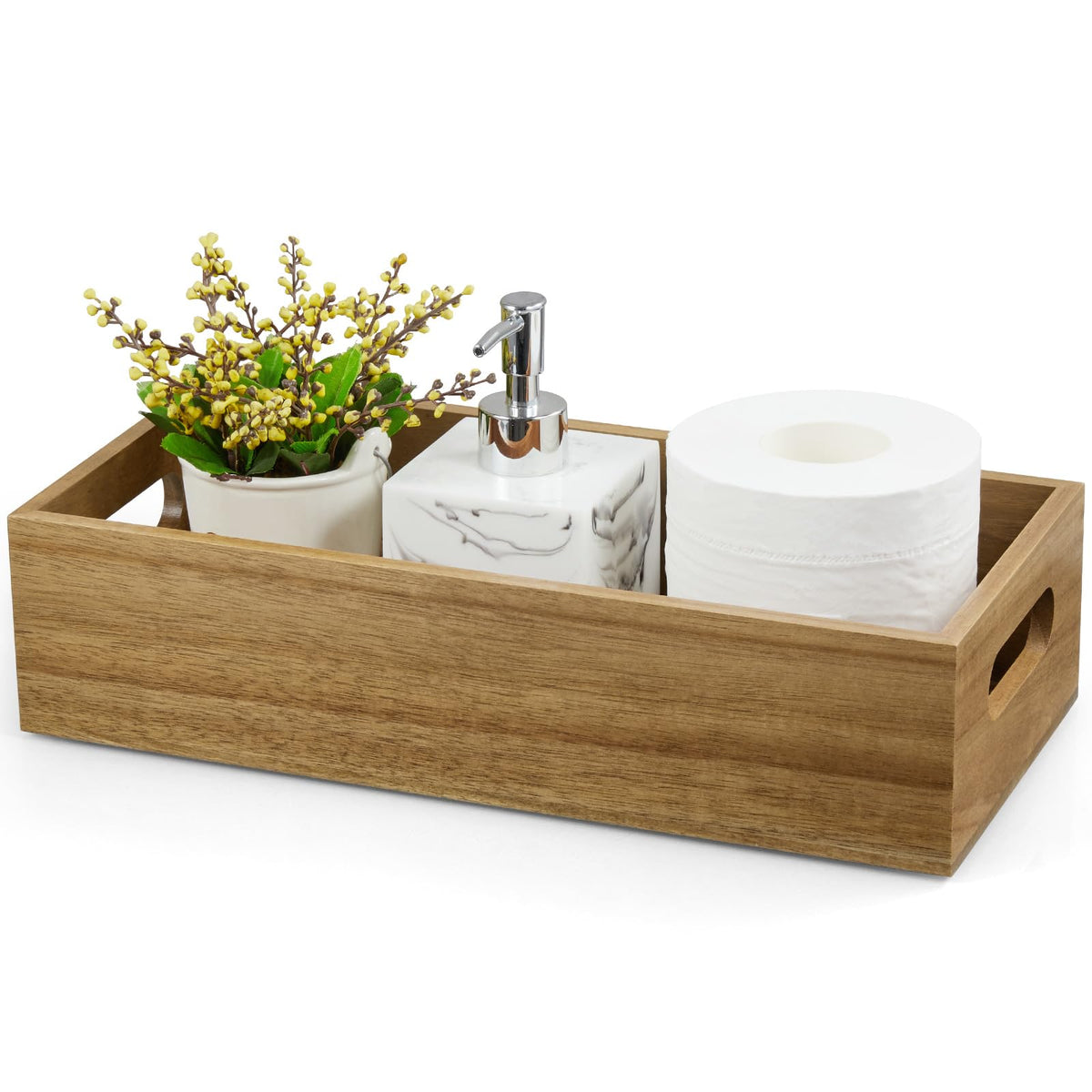 ALELION Acacia Wood Bathroom Storage Basket for Organizing - Toilet Paper Basket with Handle for Back of Toilet Tank Top Topper - Small Narrow Baskets for Kitchen Pantry Garage Laundry Room Storage