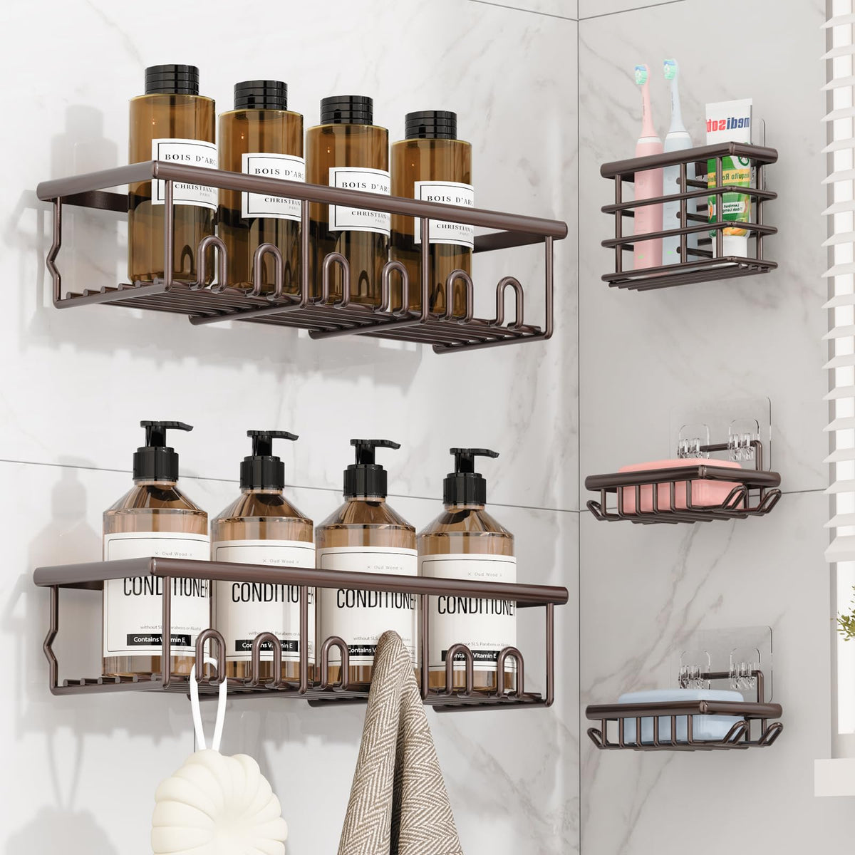 8 Pack Adhesive Bathroom Holders & Dispensers for Kids & Adults, Black