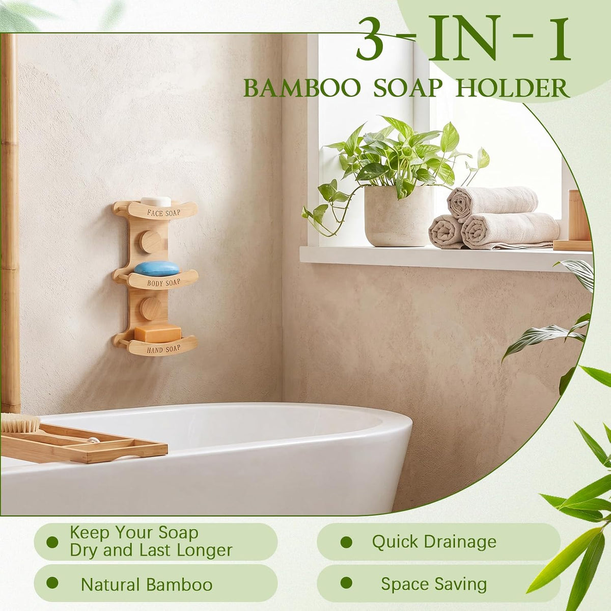 3-Tier Bamboo Soap Holder for Shower, Self Draining
