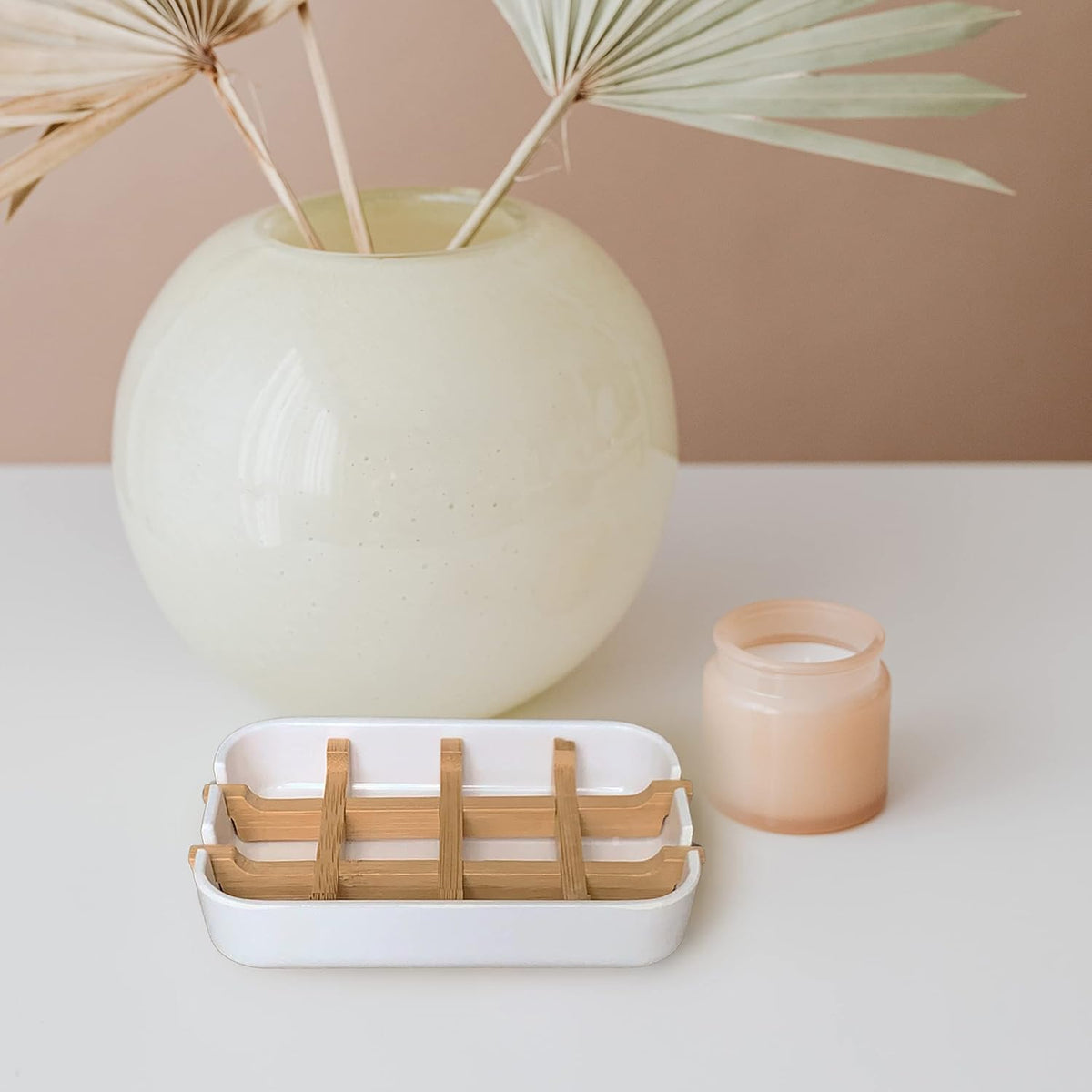 Aoheuo Modern Bamboo Fiber soap Holder and soap Dish Combination (Removable),5.12 Long by 3 Wide, 0.98 inches high, Used in Kitchens, bathrooms, and bar Sinks (White(2 Pack))
