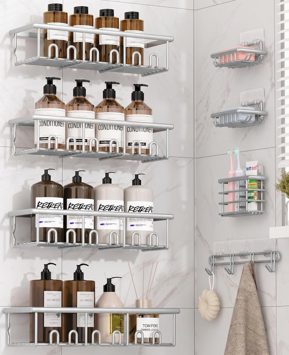 8 Pack Adhesive Bathroom Holders & Dispensers for Kids & Adults, Black