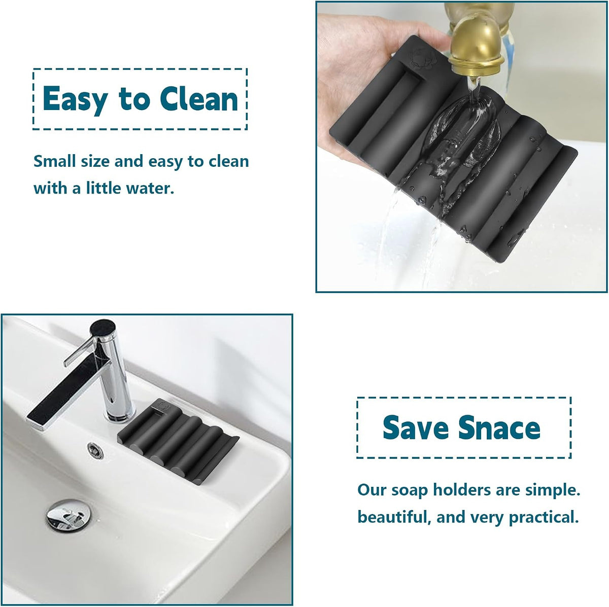 Silicone Soap Dish,Self Draining Soap Holder Perfect for Shower,Bathroom Sink,Kitchen Sink & Travel,Non-Slip Bar Soap Holder Extend Soap Life,Keep Soap Bars Dry & Easy Cleaning Black-2Pcs