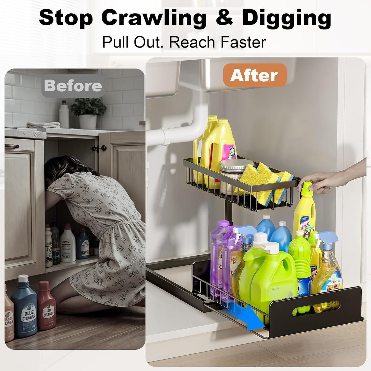 REALINN Under Sink Organizer, L-Shaped 2 Tier Pull Out Cabinet Organizer