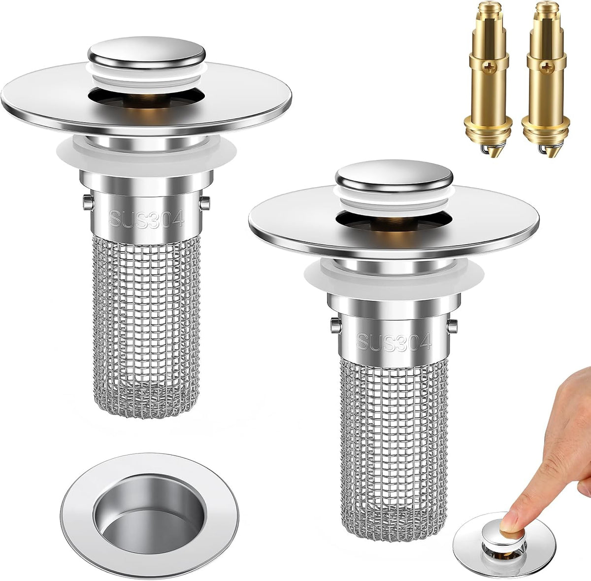 2PCS Bathroom Sink Stopper Strainer, Pop-Up Bathroom Sink Drain Strainer with Removable Stainless Steel Hair Catcher Basket, Universal Fit for US Bathroom Sinks, Bathtubs, Showers & Floor Drains