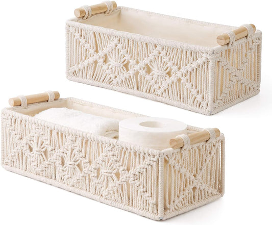 Mkono 2Pc Macrame Storage Basket, Boho Decor Toilet Paper Organizer, Ivory