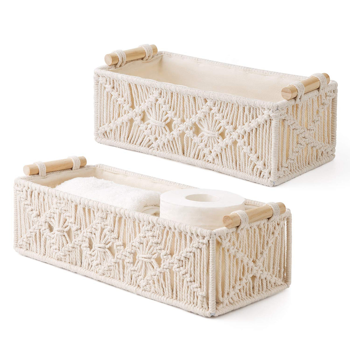 Mkono 2Pc Macrame Storage Basket, Boho Decor Toilet Paper Organizer, Ivory