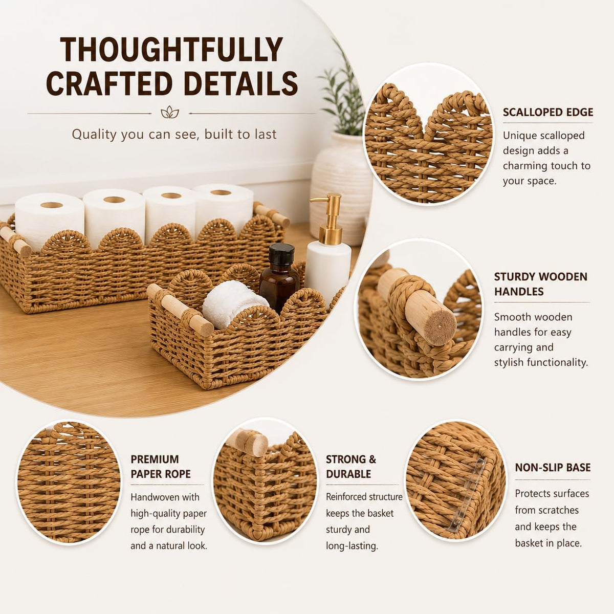 Paper Rope Storage Basket Set of 2 with Wooden Handles - Scalloped Toilet Paper Organizer, Cute & Functional Home Decor for Bathroom or Living Room (Beige)