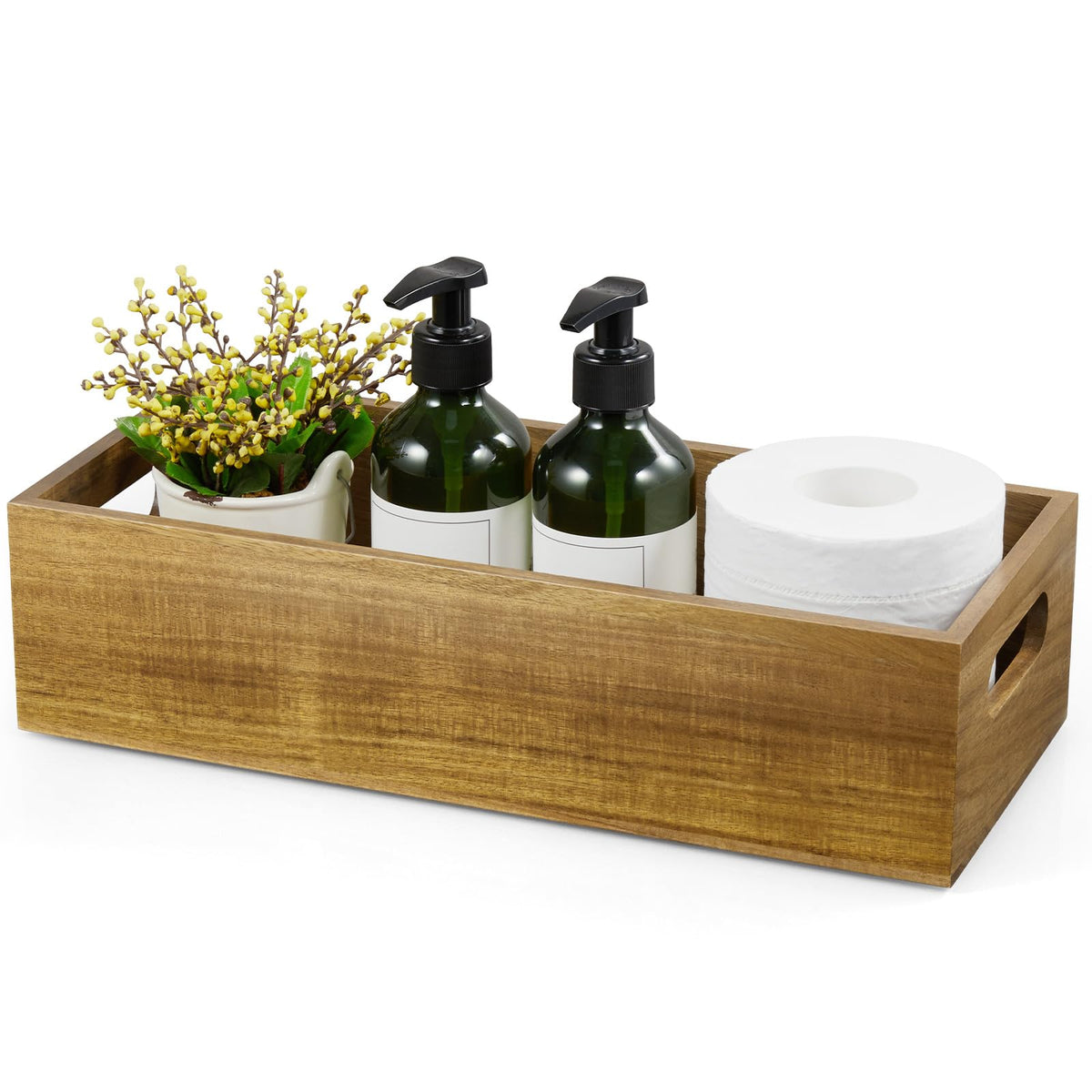 ALELION Acacia Wood Bathroom Storage Basket for Organizing - Toilet Paper Basket with Handle for Back of Toilet Tank Top Topper - Small Narrow Baskets for Kitchen Pantry Garage Laundry Room Storage