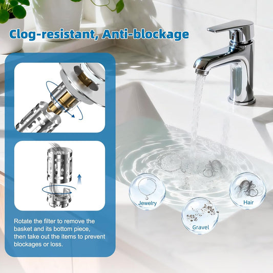 Hibbent 2 Pack Bathroom Sink Drain Strainer, 3 in 1 Pop Up Stopper