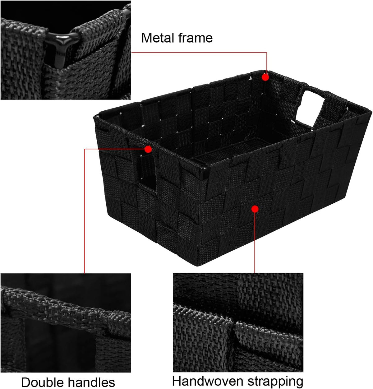 Woven Black Storage Baskets Shelf Tote Boxes Container, Durable Storage Organizer Bins with Built-in Handles for Bedroom, Office, Closet, Kids Room, Nursery, 3-Pack,11.4”x 6.5”x 4.5”