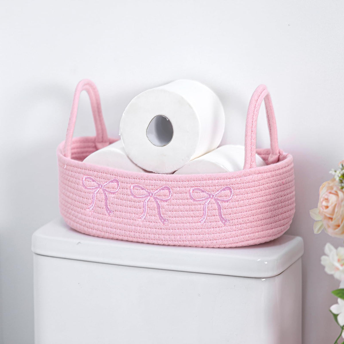 Vesici Eucalyptus Toilet Paper Storage Basket with Handles, Cotton Rope