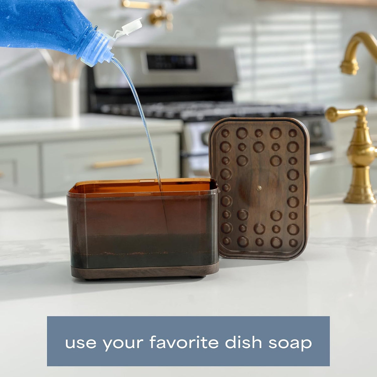 S&T INC. Dish Soap Dispenser and Sponge Holder, Plastic Walnut and Amber