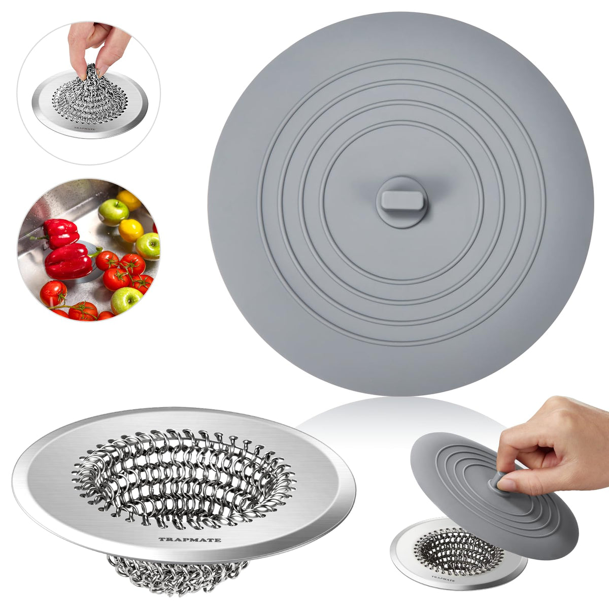 TRAPMATE Sink Drain Strainer, Reversible Chain Mesh Kitchen Sink Drain Strainer, Easy Clean 304 Stainless Steel Sink Strainer for Food Catcher Garbage Disposal, Black