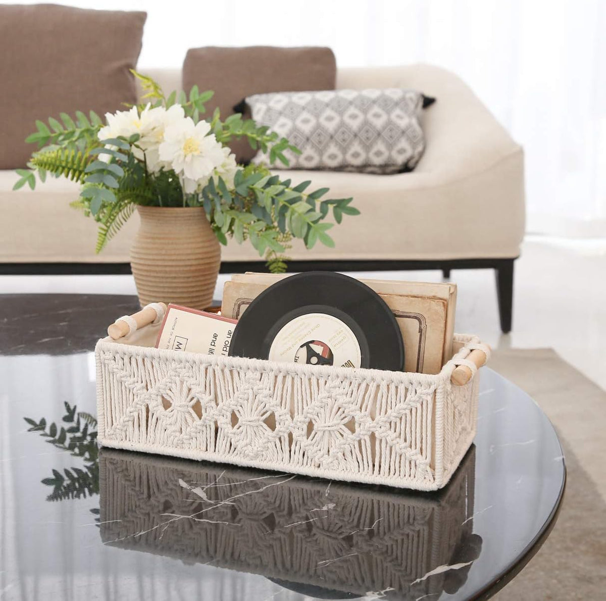 Mkono 2Pc Macrame Storage Basket, Boho Decor Toilet Paper Organizer, Ivory