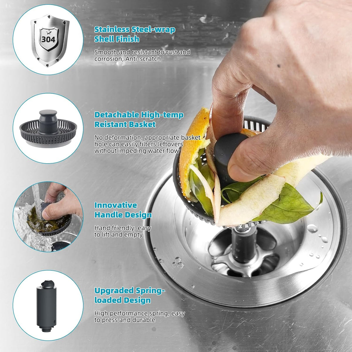 Hibbent 3-in-1 Kitchen Sink Drain Strainer & Stopper, Flat Handle, Chrome