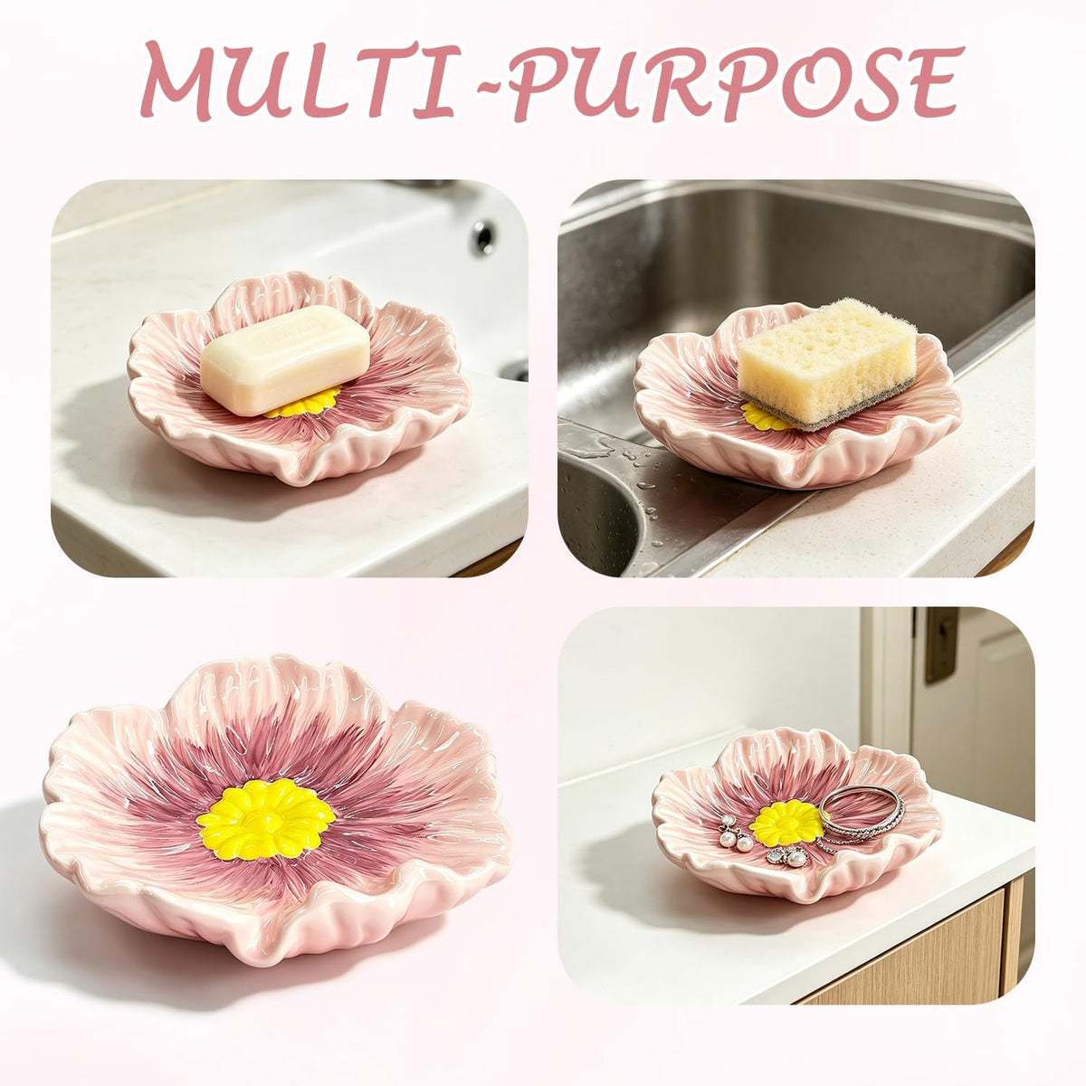 Ceramic Soap Holder, Auto-Draining Glazed Tray for Bathroom Sink