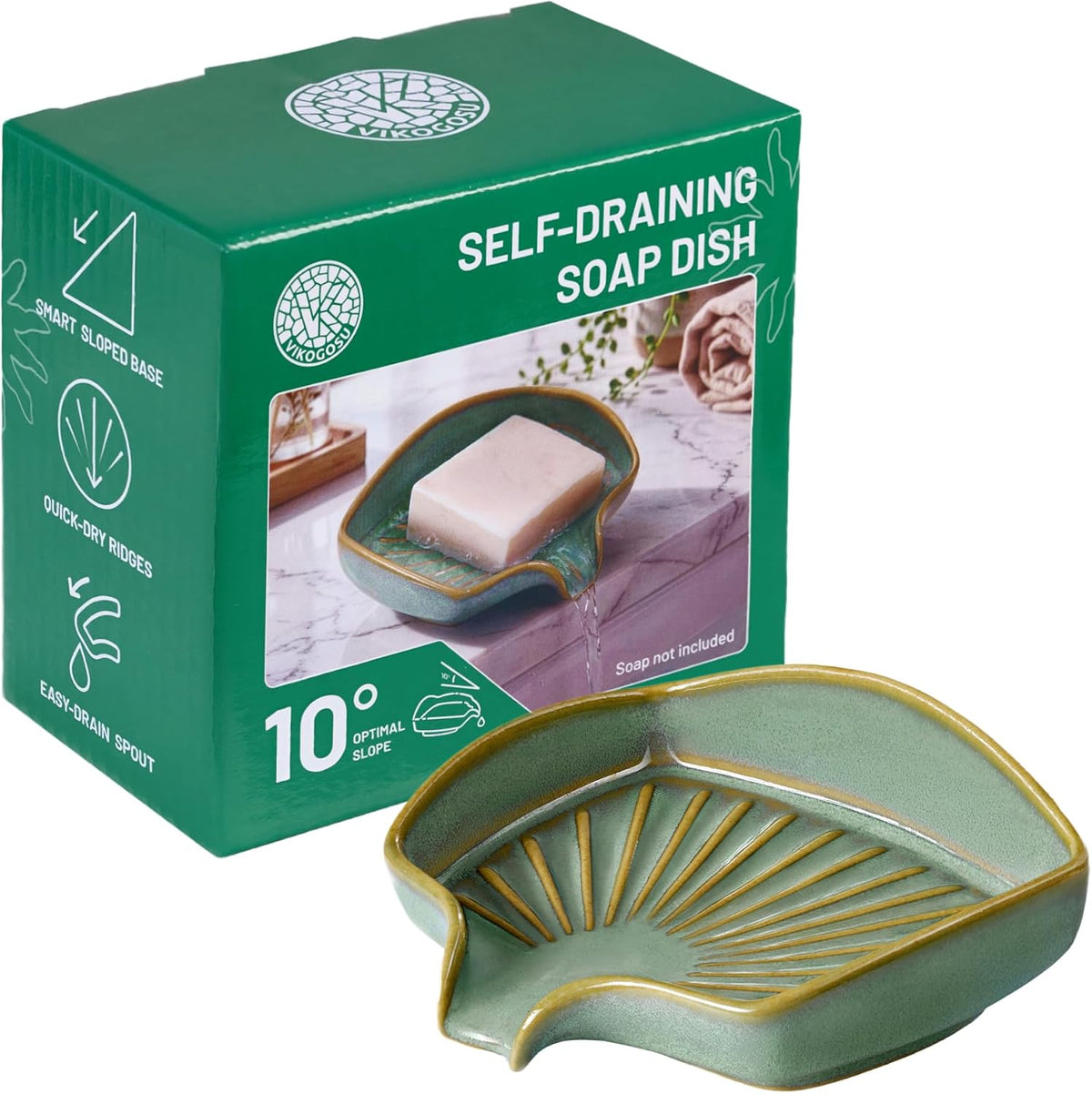 Ceramic Soap Dish - Self Draining Bathroom Soap Dish for Sink, Glossy Green Ceramic Tray, Decorative Holder for Shower, Vanity & Kitchen Countertop, Small Space-Saving Design