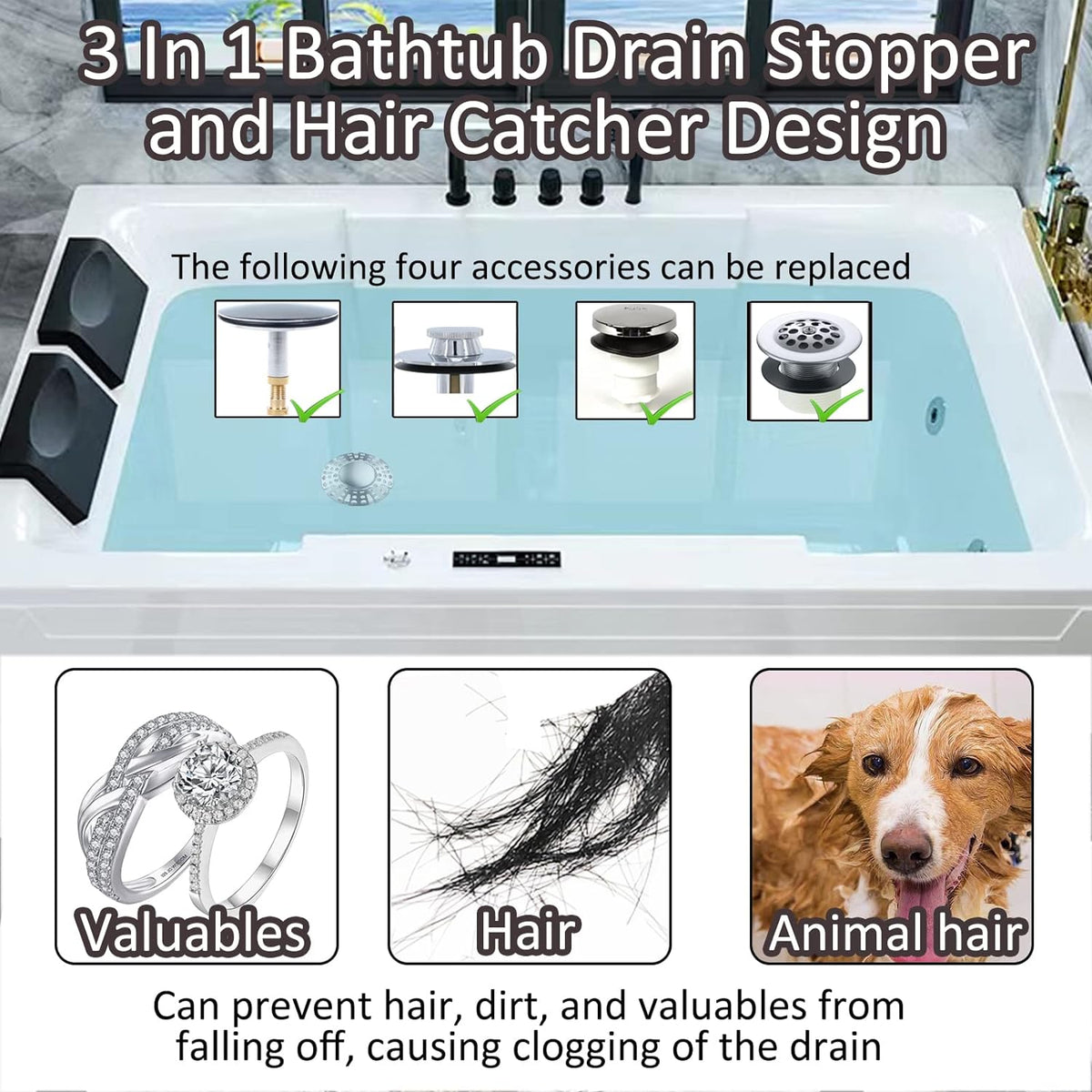 AzWzz Tub Stopper Bathtub Drain Stopper Plug, Pop Up Tub Drain Hair Catcher