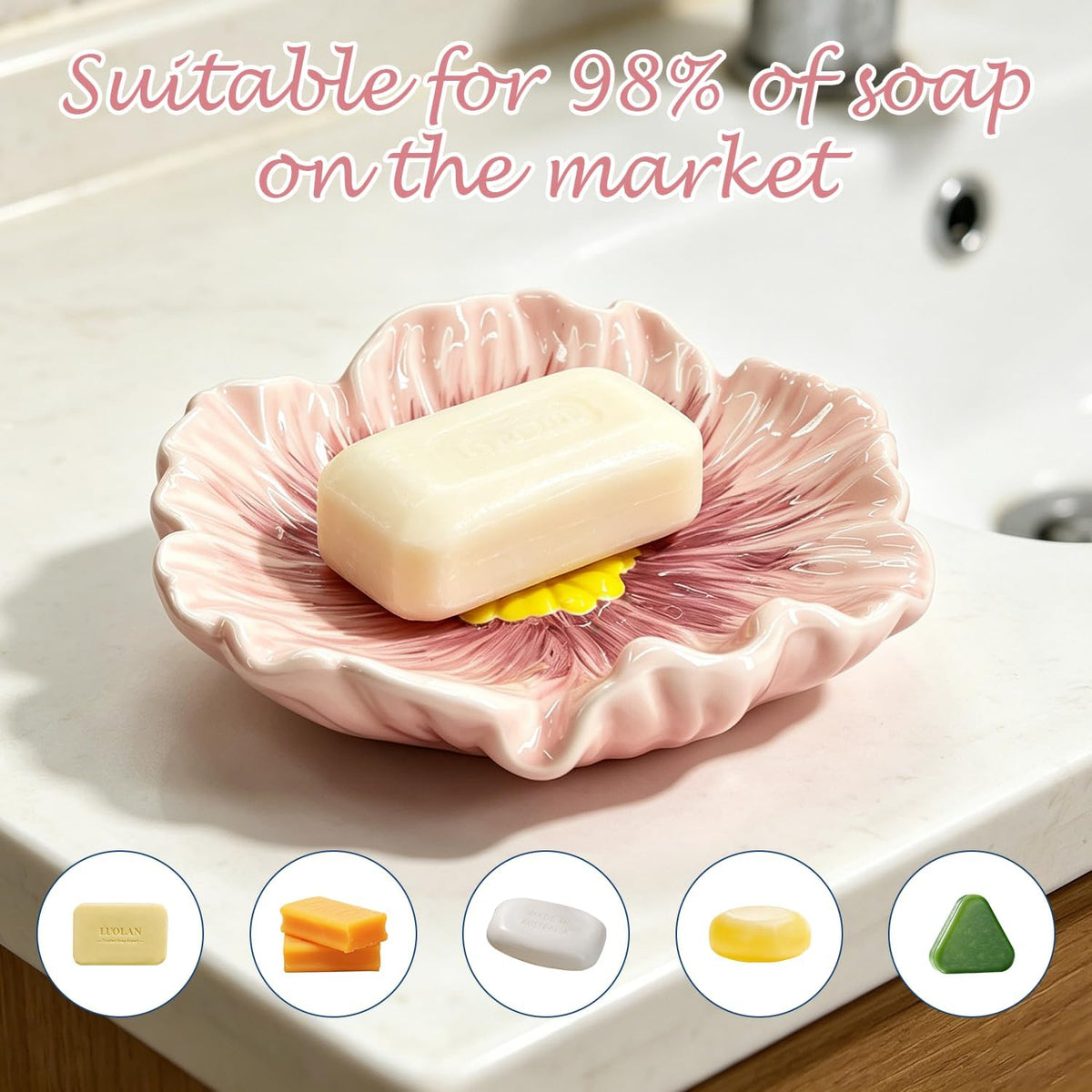 Ceramic Soap Holder, Auto-Draining Glazed Tray for Bathroom Sink
