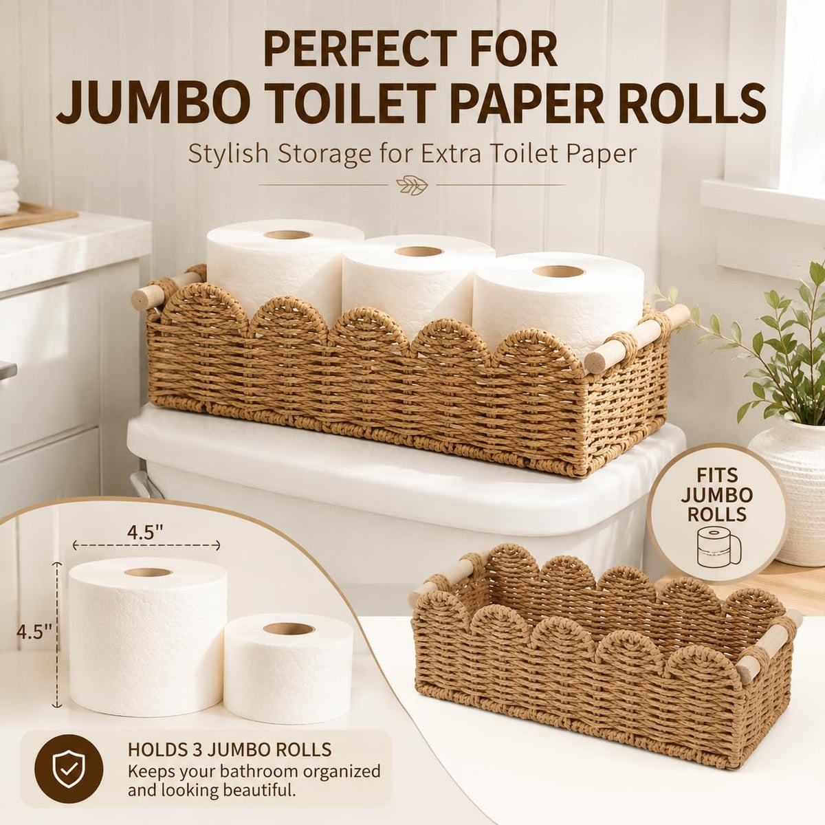 Paper Rope Storage Basket Set of 2 with Wooden Handles - Scalloped Toilet Paper Organizer, Cute & Functional Home Decor for Bathroom or Living Room (Beige)