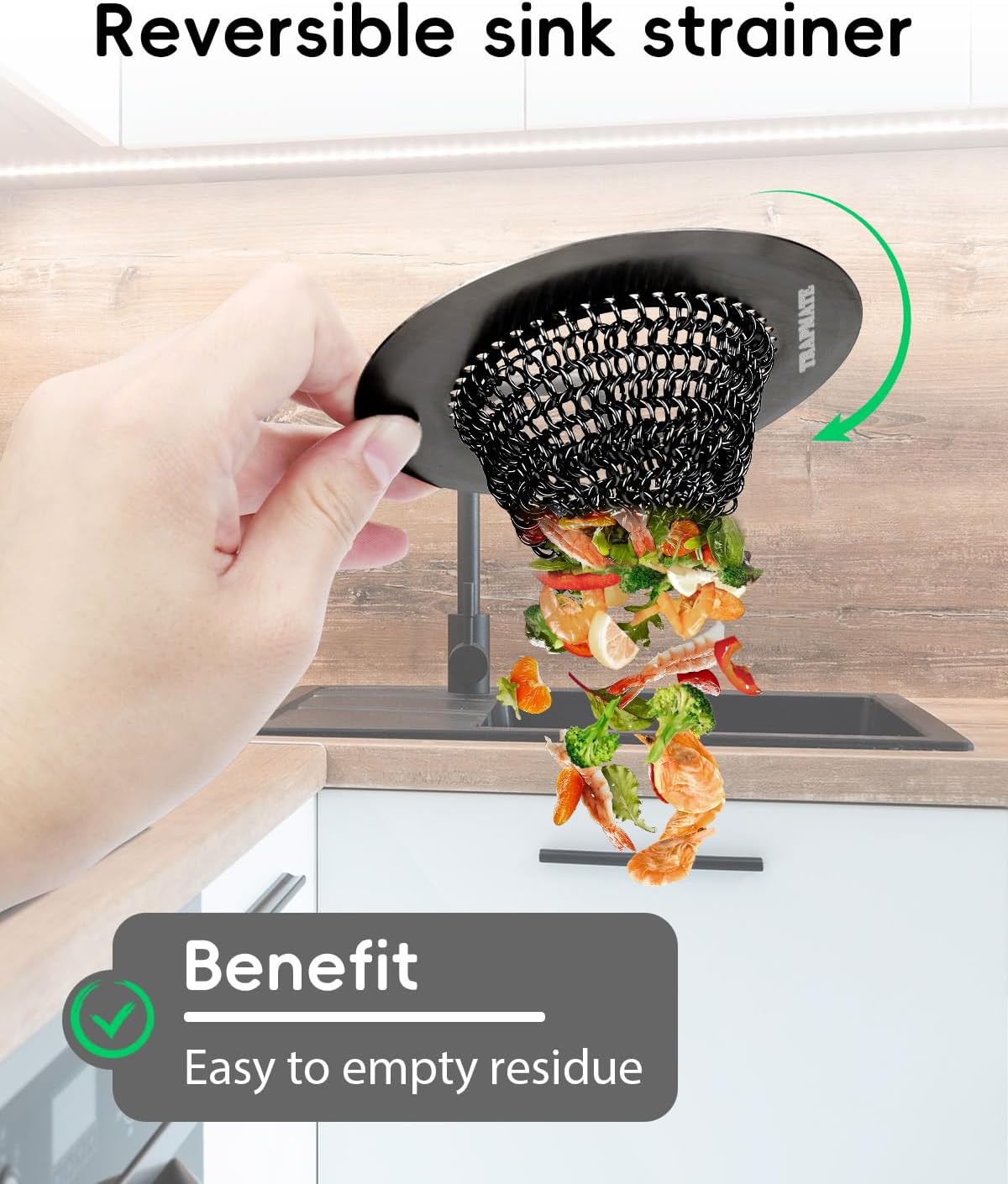 TRAPMATE Sink Drain Strainer, Reversible Chain Mesh Kitchen Sink Drain Strainer, Easy Clean 304 Stainless Steel Sink Strainer for Food Catcher Garbage Disposal, Black