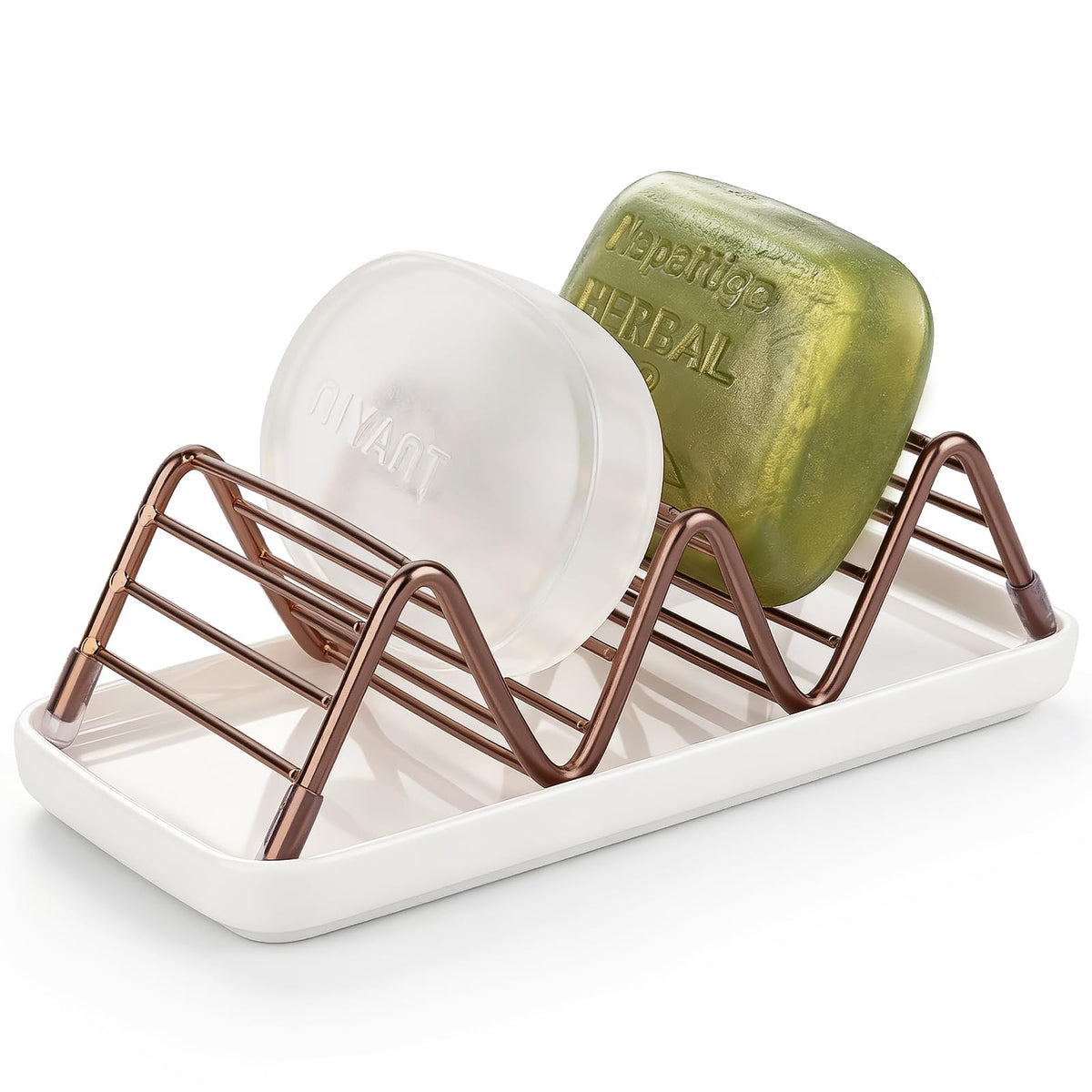 Stainless Steel Soap Dish Draining Soap Holder with Ceramic Tray, Gold
