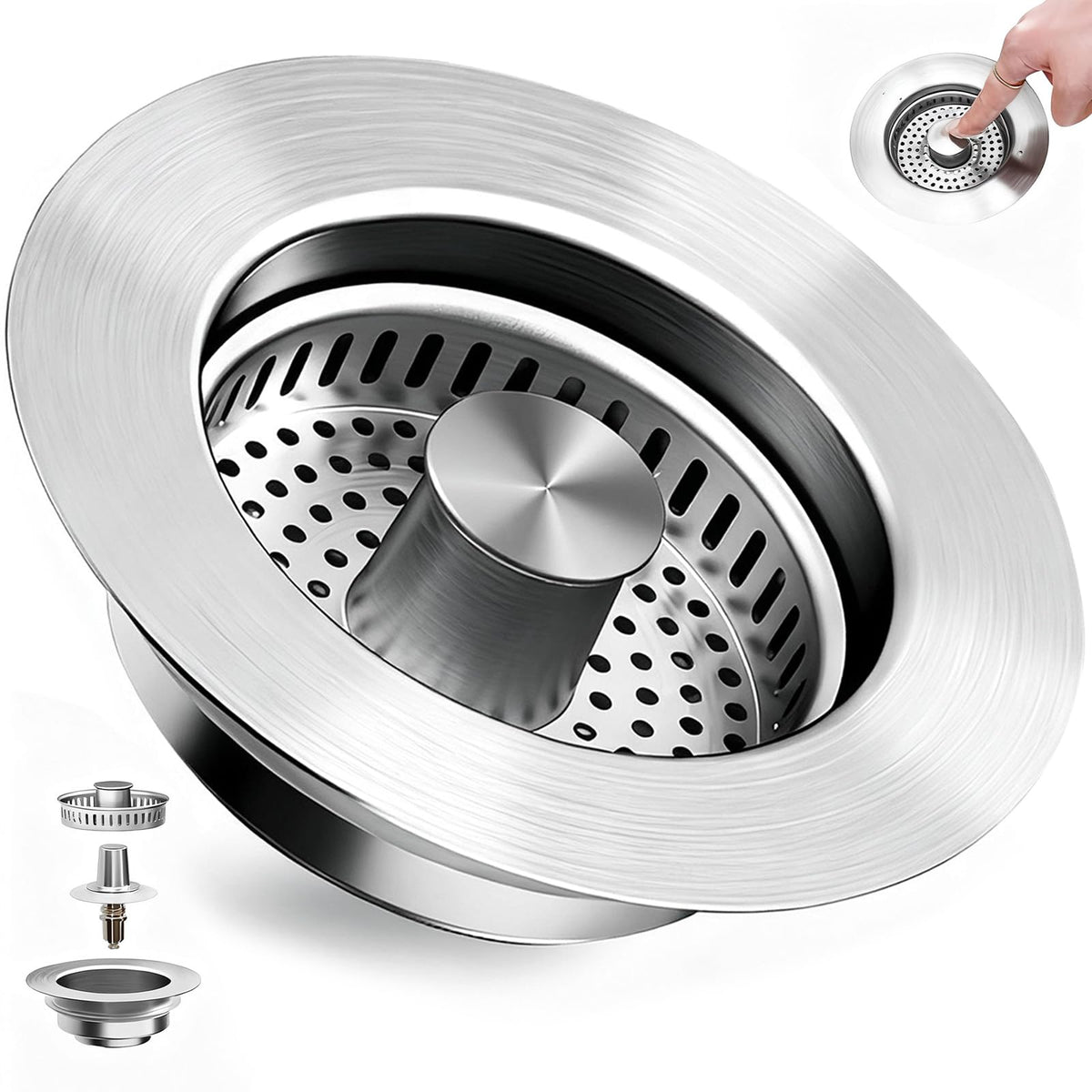 Kitchen Sink Drain Strainer 3-in-1,Pop-Up Stopper & Anti-Clogging Basket - 304 Stainless Steel Sink Strainer Anti-Clogging Sink Drain Strainer for US Standard Kitchen Drain