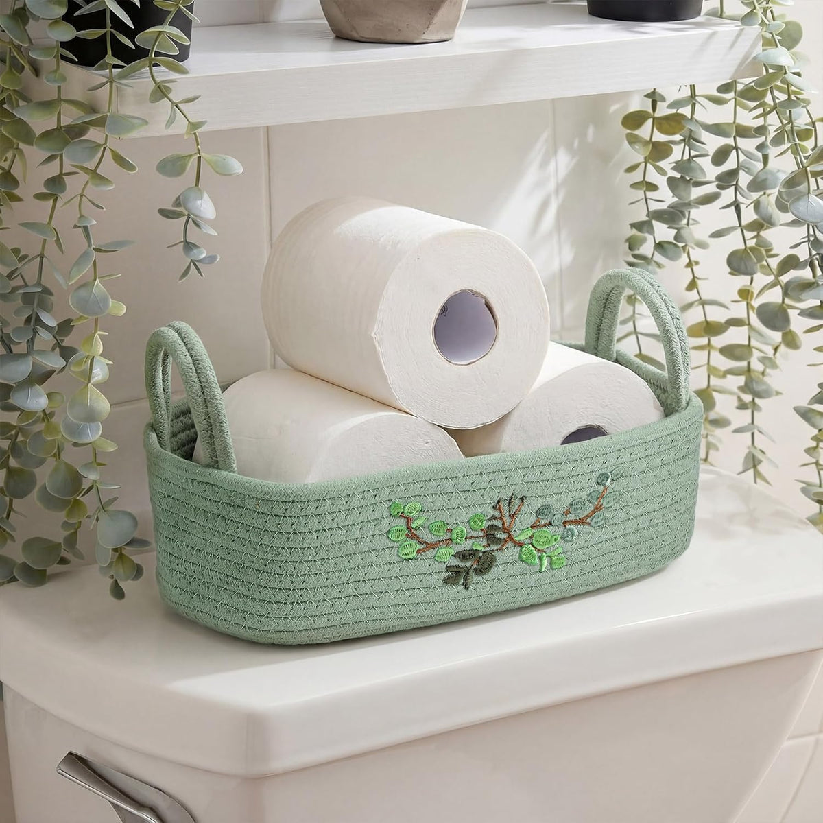 Vesici Eucalyptus Toilet Paper Storage Basket with Handles, Cotton Rope