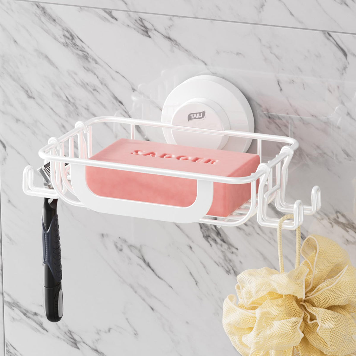 TAILI Soap Holder, Soap Dish Suction Cup with Hooks for Shower Wall, Black