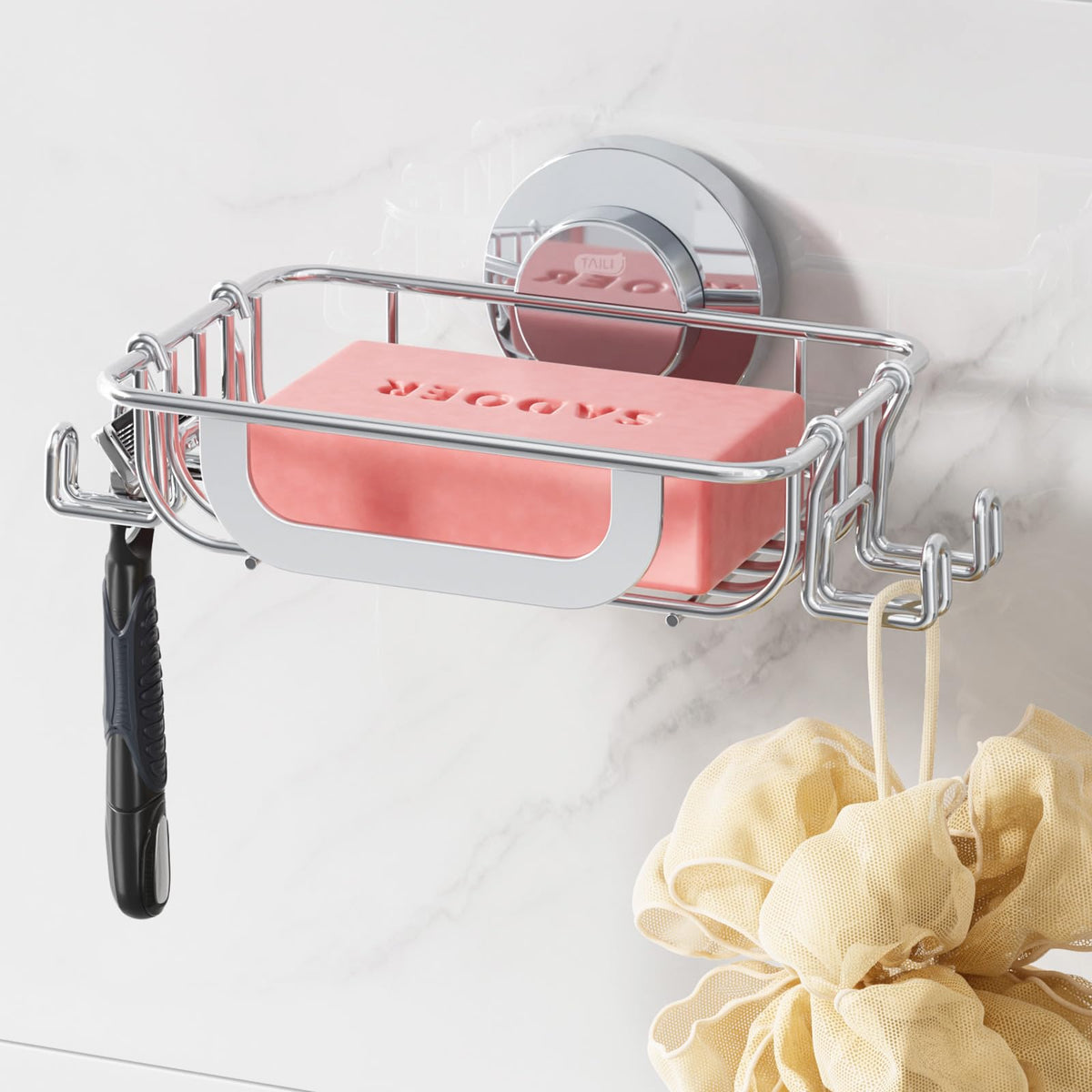 TAILI Soap Holder, Soap Dish Suction Cup with Hooks for Shower Wall, Black