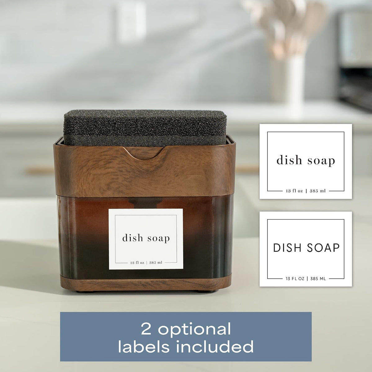 S&T INC. Dish Soap Dispenser and Sponge Holder, Plastic Walnut and Amber