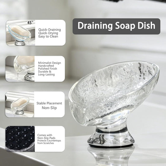Self Draining Soap Dish, Resin Soap Dish, 45°Sloped Drain Design, with Suction Cup Base, Suitable for Bathroom Sinks, Showers, Kitchen Countertops, and Laundry Rooms (Clear White)