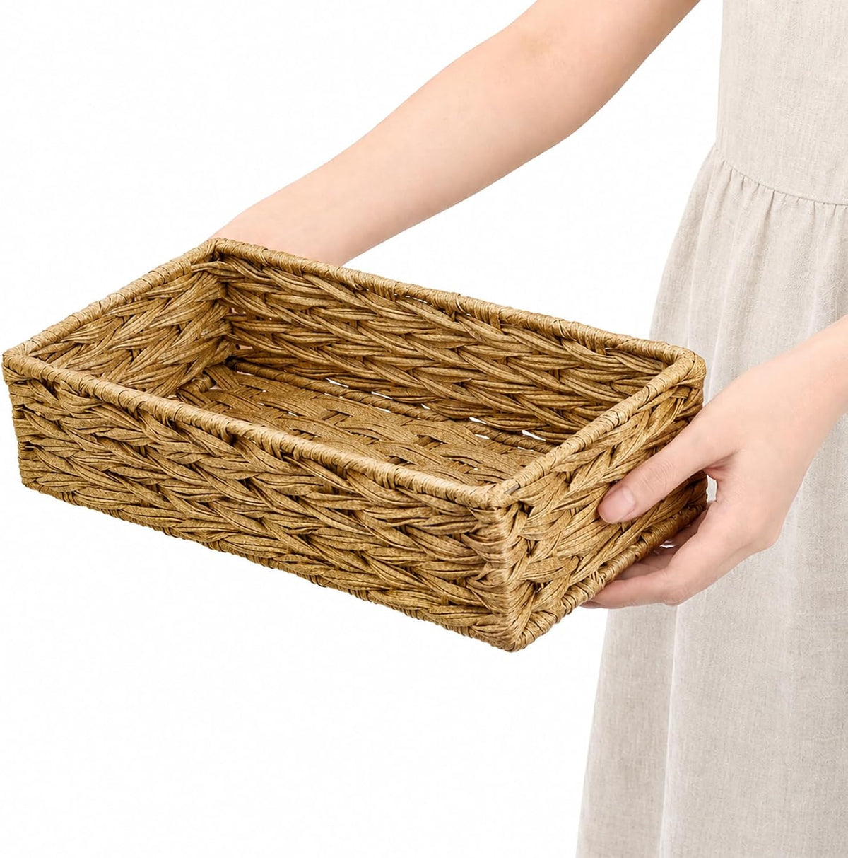 Eorbow 2 Pack Bathroom Baskets, Plastic Toilet Tank Paper Holder, Woven Decorative Storage Box for Tank Top Countertop Organizing Boho Home Decor