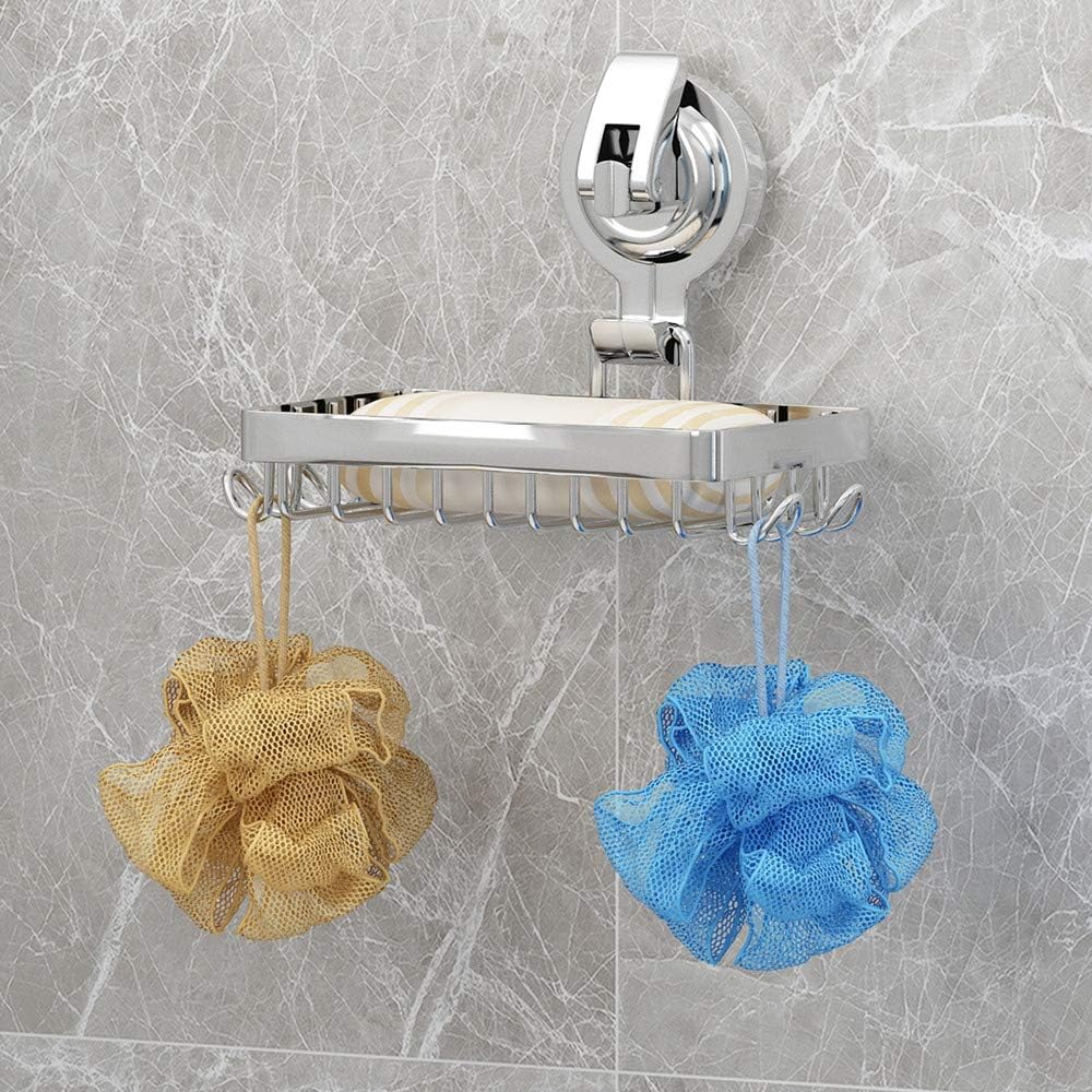 Soap Holder Shower, Suction Cup Soap Dish for Shower with 4 Hooks, 304 Stainless Steel, Silver