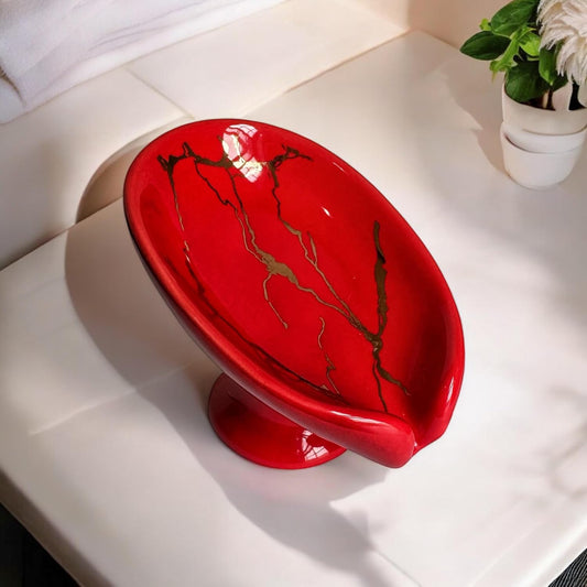 Luxury Porcelain Soap Dish Holder for Bathroom, Ceramic Soap Tray with Drainage Hole, Soap Saver (1, red)