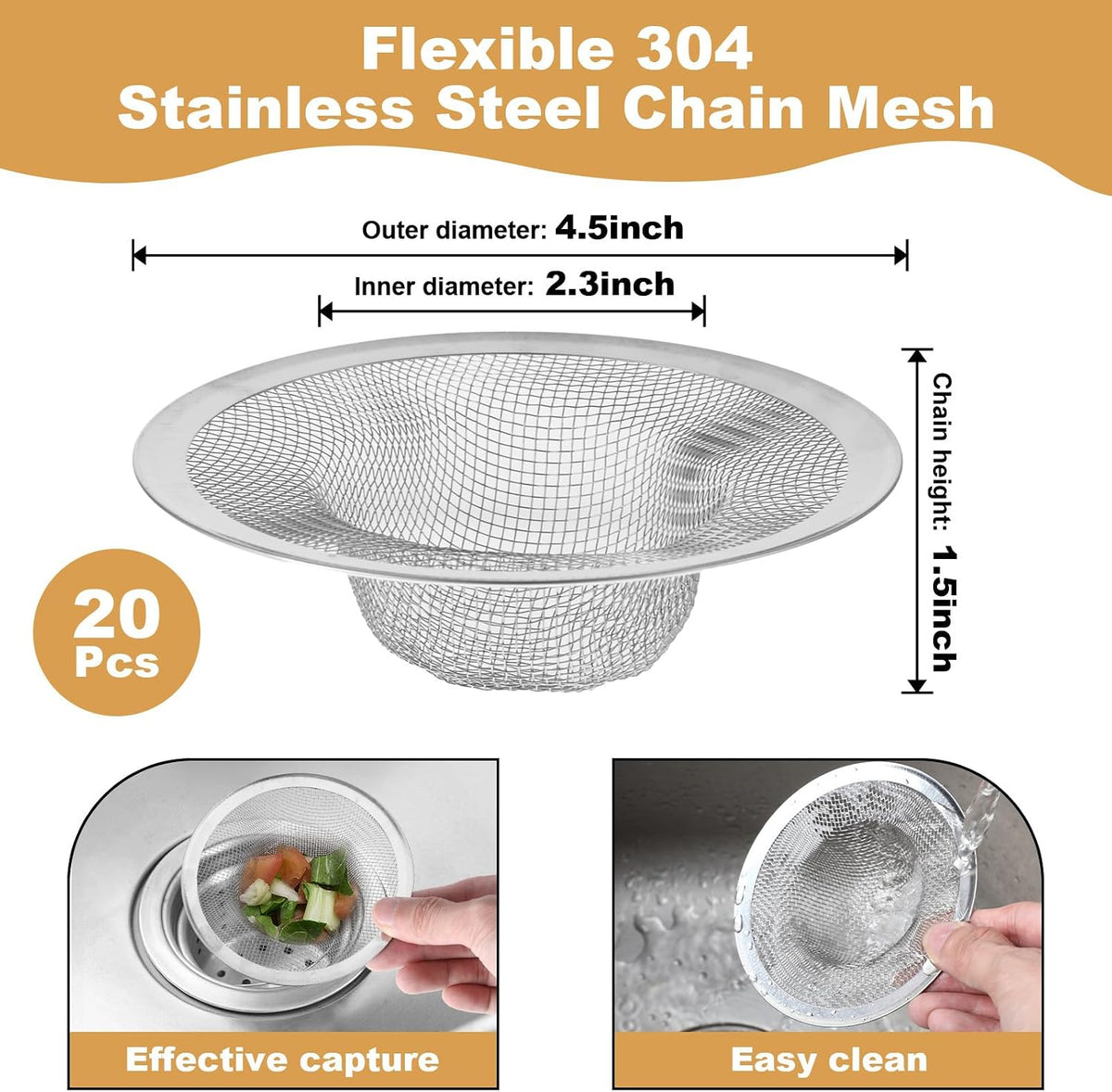 20 Pcs Stainless Steel Sink Strainers, 4.5" Diameter Mesh Sink Drain Strainers, Slop Basket Filter Traps for Kitchen Sinks, Bathroom Sinks, Shower Drains, and Floor Drains
