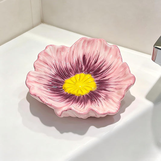 Ceramic Soap Holder, Auto-Draining Glazed Tray for Bathroom Sink