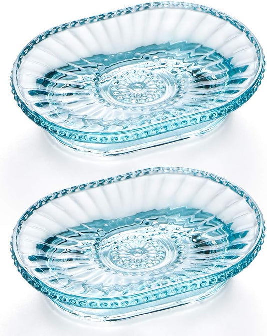 MDLUU Glass Soap Dish, Embossed Bar Soap Holder, Decorative Soap Saver Tray, Vintage Bar Soap Dish for Shower, Bathtub, Bathroom Sink, Kitchen Sink, Pack of 2 (Blue)