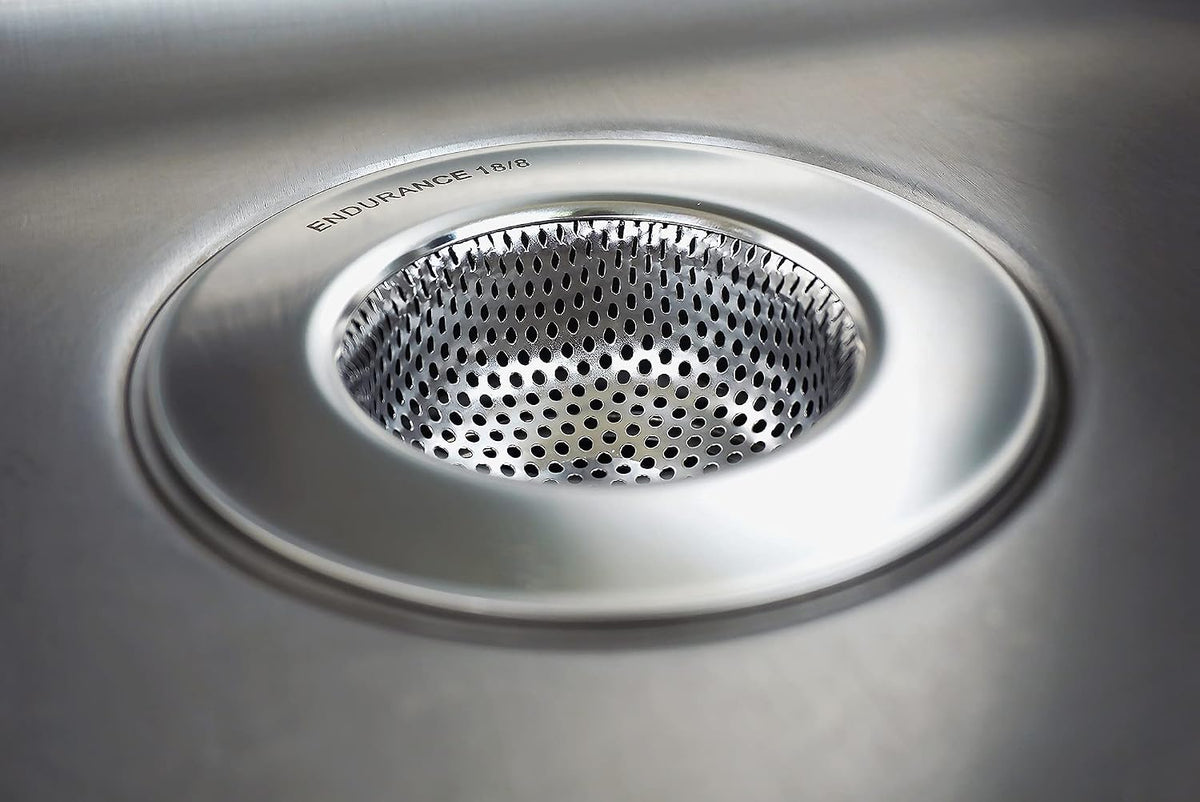 RSVP International Endurance® Stainless Steel Large Sink Strainer, 4.5" | Traps Food Scraps | Polished Finish with Precision Pierced Holes | Dishwasher Safe