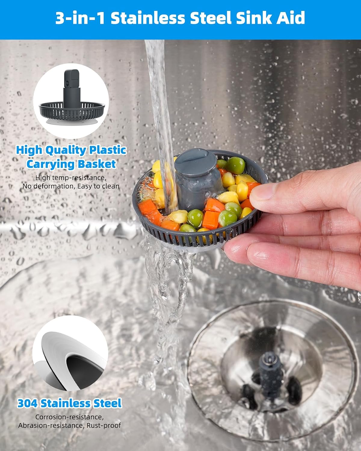 Hibbent Upgraded 3-in-1 Kitchen Sink Drain Strainer & Stopper Combo, Chrome